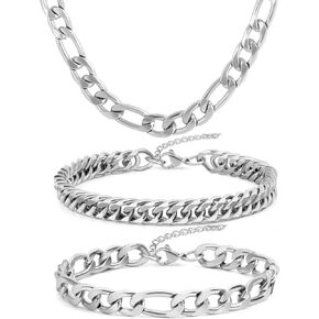 3PCS Figaro Necklace Bracelet Cuban Bracelet for Men, Silver Gold Black Sturdy 316L Stainless Steel Cuban Link Figaro Chain with 2-inch Jewelry Set with Gift Message Card 8mm