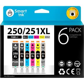 Smart Ink Compatible Ink Cartridge Replacement for Canon PIXMA CLI-251XL PGI-250XL PGI 250 CLI 251 (1PGBK & 1BK/C/M/Y/GY 6 Combo Pack) to use with iP8720 MG6320 MG7120 MG7520