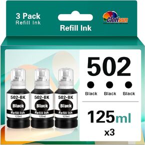 Clorisun 502 Black Ink Bottles Ecotank for Epson 502 Ink T502 Use with Expression Epson Ecotank Printer 2760 ET-2760 ET-2750 ET-3760 ET-4760 ET-3750 ET-4750 ET-3710 ET-15000 ET-3700 (3 Black)
