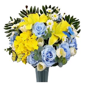 Handmade Cemetery Flower Bouquet with Grave Vase for Tombstone Decoration,Non-bleed Color, Artificial Memorial Flower Arrangement of Rose Lily Daisy and Hydrangea, Blue and Yellow