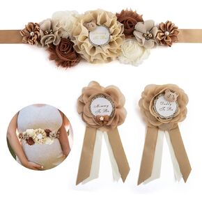 Mommy to Be Sash, Maternity Sash Baby Shower Decorations 3PCS Teddy Baby Shower Decorations for Girl - Mom to be sash Shower for Boy, Baby Shower Decorations Favors Brown Photo Props Gift
