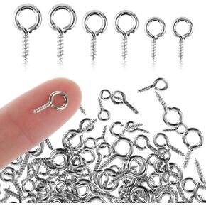 300PCS 3 Sizes Small Screw Eye Pins, Mini Metal Eye Pins Hooks Eyelets Screw Peg Threaded Self Tapping Screw Threaded Clasps Hooks for Jewelry Making Findings DIY Crafts(Silver)
