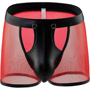 ohyeahlady Mens Sexy Underwear with Pu Leather Button Removable Pouch Mens Lingerie Mesh Boxer Briefs Trunks for Men
