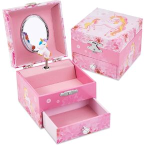 Girl's Musical Jewellery Box With Drawer and Spinning Unicorn, Kids Music Box Jewel Storage Toys Case for Girls Gift