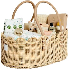 Baby Diaper Caddy Organizer - Artisan-Crafted Scalloped Rattan Basket - Luxurious Diaper Caddy Basket - Elegant Scalloped Basket