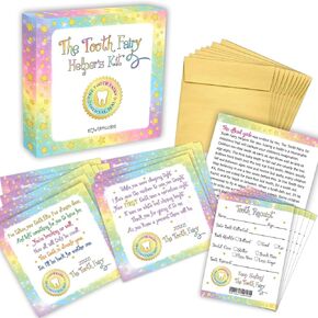 Tooth Fairy Kit for Boys and Girls, Magical Keepsake Gift with Tooth Pouch, 10 Unique Tooth Fairy Cards, 10 Tooth Fairy Receipts, 10 Golden Envelopes, First ToothFairy Visit