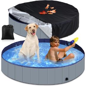 Foldable Dog Pool with Round Pool Cover Collapsible Dog Pet Pool Hard Plastic Swimming Pool Puppy Wading Bathing Tub Portable Kiddie Pool for Indoor Outdoor Pets Cats Kids (63 x 12 Inch)