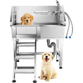 34'' Dog Washing Station for Small Dogs Grooming Tub Bathing Station Professional Pet Wash Station Bathtub for Home with Sliding Door, Faucet, Steps