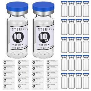 20 Sealed Sterile Empty Vials with Self Healing Injection Port Glass Penicillin Bottle with 20 Label Stickers(10ml, Classic)