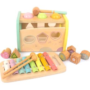 Hammering Pounding Toys Wooden Educational Toy Xylophone Shape Sorter, Birthday Gift for 1 2 3 Years Boys Girls Baby Toddler Kids Developmental Montessori Learning Toy (Yellow)