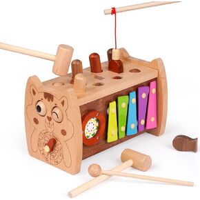 Wooden Hammering Pounding Toy 6 in 1 Montessori Toys for 3 Year Old Whack A Mole Game for Toddlers Fine motor skills Toys with Xylophone Fishing Toy Toddler Activities for Baby 3 Year Old Birthday
