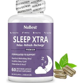 NuBest Sleep Xtra - Supports Healthy Sleep for Adults - Vitamin B6, Melatonin, Ashwagandha, Chamomile, Valerian & More - Non Habit-Forming - 60 Vegan Capsules | 1 Month Supply