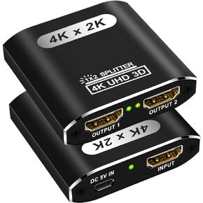 HDMI Splitter 1 in 2 Out, 4K HDMI Splitter for Dual Monitors Supports 3D Full HD 1080P Aluminum HDMI Spliter Dual Monitor HDMI Adapter Compatible for PS4 Fire Stick HDTV(1 Source to 2 Displays)