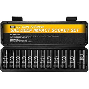 1/2" Drive Deep Impact Socket Set, 11 Pieces Socket Set Metric 10-24mm, 6 Point Design, Cr-V Steel, Laser Marking, Durable Storage Case, Meets ANSI Standards