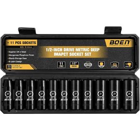 1/2" Drive Deep Impact Socket Set, 11 Pieces Socket Set Metric 10-24mm, 6 Point Design, Cr-V Steel, Laser Marking, Durable Storage Case, Meets ANSI Standards