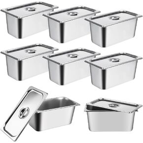 8 Pack Stainless Steel Hotel Pans 1/3 Size x 6" Deep Steam Table Pan with Lids Commercial 22 Gauge Food Storage Containers Catering Metal Steamer Pan Anti Jam Steam Table Pan Restaurant Warm Pans