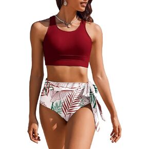 AI'MAGE Women's High Waisted Bikini Set 2 Piece Side Knot Scoop Neck Racerback Swimsuit