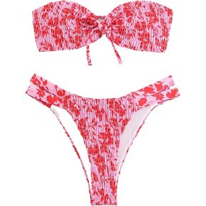 GORGLITTER Women's Strapless Bikini Set Floral Bow Bandeau Swimsuit String High Waisted Smocked Bathing Suit