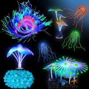 57 Pieces Glowing Fish Tank Decorations Plants with Simulation Glowing Silicone Coral Glowing Jellyfish Lotus Leaf Changeable Green Sea Anemone Luminous Stones for Aquarium Fish Tank Glow Ornament