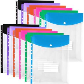 12 Pack Binder Pockets for 2/3/4/11 Ring, Expandable Plastic Envelopes, Letter Size, Transparent Binder Folder with Snap Button and Label, Organizer Folders for School Home Office Supplies
