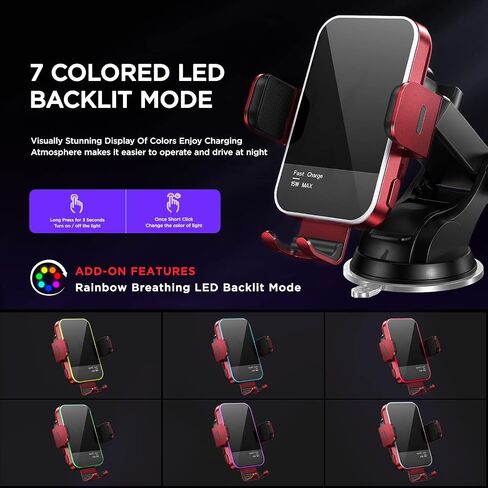 شاحن سيارة لاسلكي، 【7 ألوان RGB خلفية 】 15 وات حامل شاحن سيارة للهاتف iPhone 15 14 13 12 Mini Pro Max 11 XR X، Samsung Galaxy S23 Ultra S22 S21+ S10+ Note 20، إلخ - فضي in Saudi Arabia