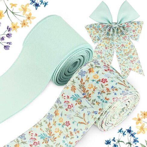 2Rolls 20 Yards Wildflowers Wired Edge Ribbon Mint Green Floral Printed Fabric Ribbon Spring Decorative Burlap Ribbon for Gift Wrapping Bow Wreath Making Crafts in Saudi Arabia