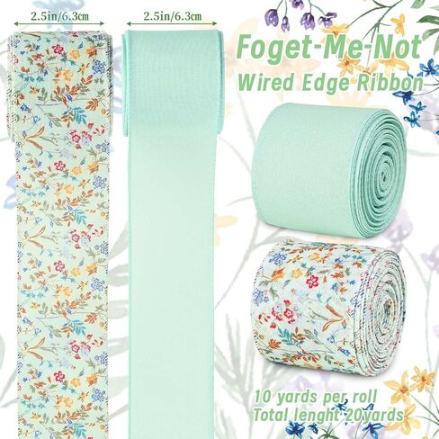 2Rolls 20 Yards Wildflowers Wired Edge Ribbon Mint Green Floral Printed Fabric Ribbon Spring Decorative Burlap Ribbon for Gift Wrapping Bow Wreath Making Crafts in Saudi Arabia