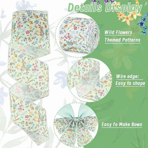 2Rolls 20 Yards Wildflowers Wired Edge Ribbon Mint Green Floral Printed Fabric Ribbon Spring Decorative Burlap Ribbon for Gift Wrapping Bow Wreath Making Crafts in Saudi Arabia