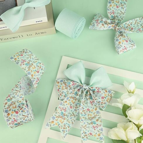 2Rolls 20 Yards Wildflowers Wired Edge Ribbon Mint Green Floral Printed Fabric Ribbon Spring Decorative Burlap Ribbon for Gift Wrapping Bow Wreath Making Crafts in Saudi Arabia