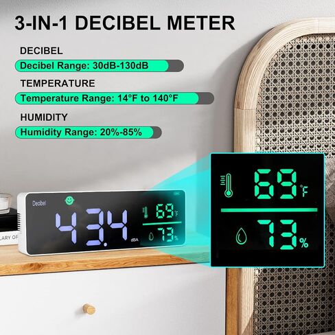 3-in-1 Decibel Meter Noise Monitor Wall Hanging Sound Level Meter with 11 in Large LED Display Noise & Temperature & Humidity Meter Wide Used for Home, Classroom, Studio, Factory in Saudi Arabia