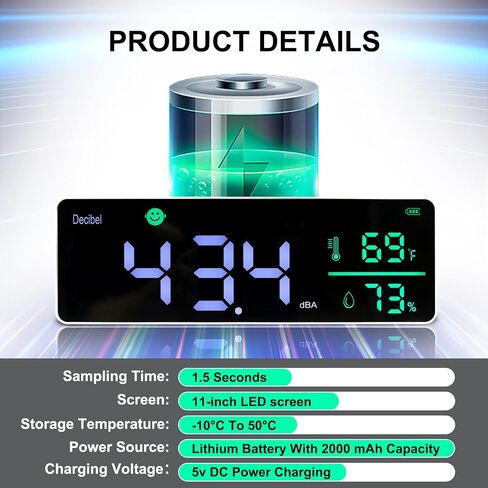 3-in-1 Decibel Meter Noise Monitor Wall Hanging Sound Level Meter with 11 in Large LED Display Noise & Temperature & Humidity Meter Wide Used for Home, Classroom, Studio, Factory in Saudi Arabia