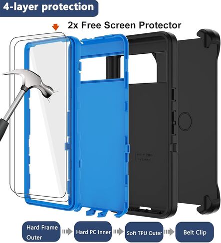 حافظة لهاتف Google Pixel 7 Pro مع حافظة بمشبك حزام، واقي شاشة 2X، غطاء حماية متين مقاوم للصدمات من الدرجة العسكرية بالكامل لهاتف Google Pixel 7 Pro (أسود/أزرق) in Kuwait