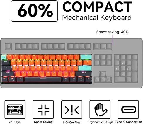 لوحة مفاتيح للألعاب بنسبة 60%، لوحة مفاتيح ميكانيكية RGB سلكية فائقة الصغر وقابلة للتبديل السريع باللون الأحمر مع 61 مفتاحًا للكمبيوتر الشخصي والكمبيوتر المحمول وتصميم سطح المكتب QWERTY، 26 مفتاحًا مضادًا للظلال in Saudi Arabia