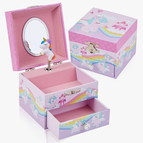Little Girls Musical Jewelry Box with Pullout Drawer and Spinning Unicorn doll, Rainbow Design Kids Toys Music Box for Girls Jewel Storage in Saudi Arabia