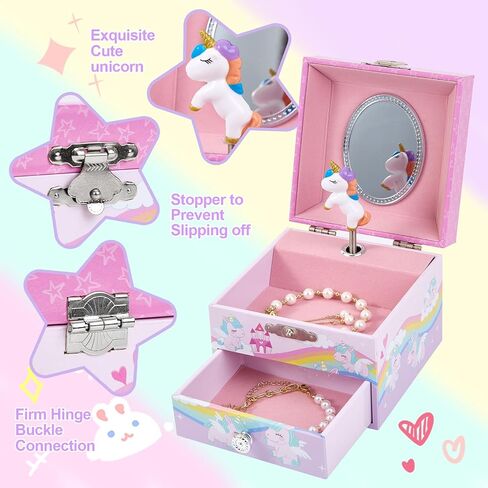 Little Girls Musical Jewelry Box with Pullout Drawer and Spinning Unicorn doll, Rainbow Design Kids Toys Music Box for Girls Jewel Storage in Saudi Arabia