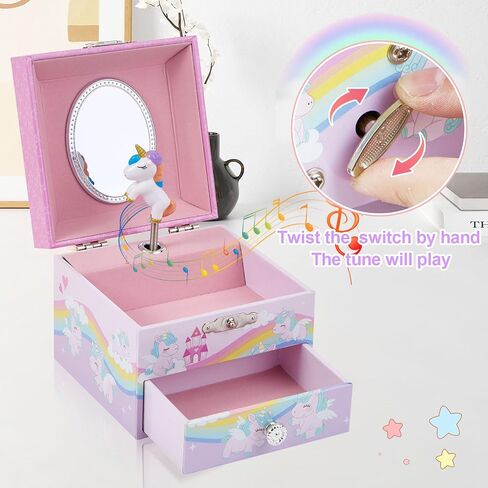 Little Girls Musical Jewelry Box with Pullout Drawer and Spinning Unicorn doll, Rainbow Design Kids Toys Music Box for Girls Jewel Storage in Saudi Arabia