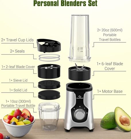 Nuovoware Portable Blender for Shakes and Smoothies, 12 PCS Personal Size Blenders with 6-Edge Blade, 600W Smoothie 2 * 20oz Bottle, 3 Speeds Juice, Protein Drinks, Matte Black in Kuwait