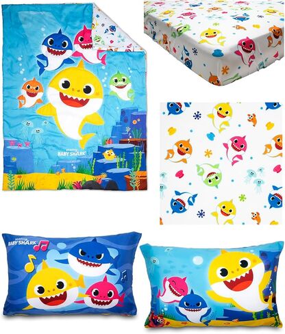 طقم سرير للأطفال الصغار مكون من 4 قطع من بيبي شارك - يتضمن لحافًا ومجموعة ملاءات - جاهزة + ملاءة علوية + كيس وسادة ذو وجهين لسرير الأولاد والبنات، أزرق in Kuwait