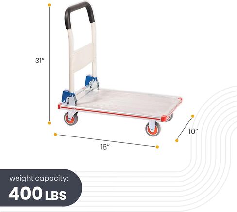 عربة ألومنيوم قابلة للطي بعجلات - شاحنة ذات منصة - سعة الوزن 400 رطل - عربة مدمجة قابلة للطي للمستودعات والمطاعم والمحلات التجارية والمصانع والمنزل - عربة مسطحة مع 4 عجلات من البولي يوريثان in Kuwait