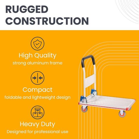 عربة ألومنيوم قابلة للطي بعجلات - شاحنة ذات منصة - سعة الوزن 400 رطل - عربة مدمجة قابلة للطي للمستودعات والمطاعم والمحلات التجارية والمصانع والمنزل - عربة مسطحة مع 4 عجلات من البولي يوريثان in Kuwait