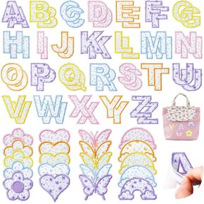 72 PCS Ploral Letter Patches Patchs Self Reshersive Stices Stembered Stick on Letters for Girls ، تشمل 52 ملصقات أحرف A-Z ، 20 قوس قوس قزح بويك على بقع لقرع الظهر القبعات in Kuwait