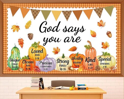 Fall Christian Bulletin Board Decorations Set God Says You are Religious Classroom Decor Inspirational Bulletin Board Pumpkin Maple Leaf Cutouts for Sunday School Classroom Home Church Wall Decor in Saudi Arabia