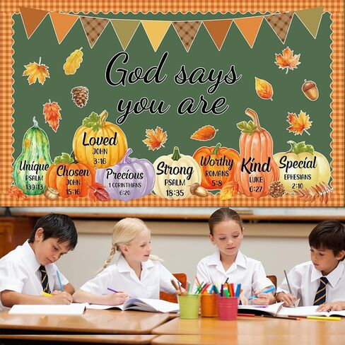 Fall Christian Bulletin Board Decorations Set God Says You are Religious Classroom Decor Inspirational Bulletin Board Pumpkin Maple Leaf Cutouts for Sunday School Classroom Home Church Wall Decor in Saudi Arabia