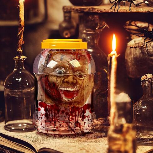 Halloween Head in Jar Laboratory Faux Head Severed Prop Haunted House Creepy & Spooky Halloween Decoration Props for Insane Asylum Haunted House Size 9-1/2 Inches in Saudi Arabia