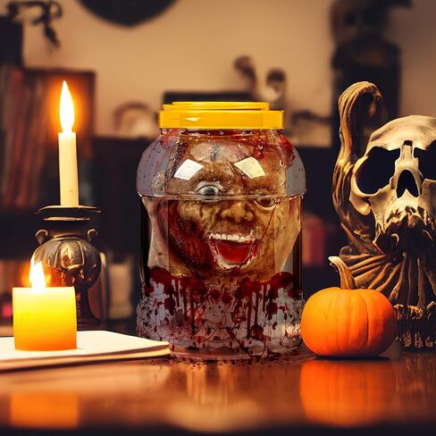 Halloween Head in Jar Laboratory Faux Head Severed Prop Haunted House Creepy & Spooky Halloween Decoration Props for Insane Asylum Haunted House Size 9-1/2 Inches in Saudi Arabia