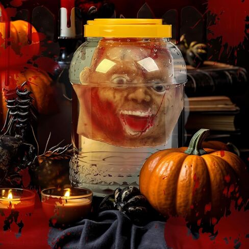 Halloween Head in Jar Laboratory Faux Head Severed Prop Haunted House Creepy & Spooky Halloween Decoration Props for Insane Asylum Haunted House Size 9-1/2 Inches in Saudi Arabia