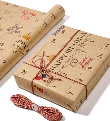 Vitalizart Write-On Calendar Birthday Wrapping Paper Set 17" With 5-Yard Twine Recyclable Customizable Gift Wrap For Birthday Party Baby Shower Handmade Crafts in Saudi Arabia