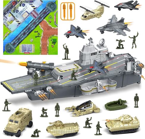 Deao Aircraft Carrier Battle Ship Toys - المركبات العسكرية ، الطائرات الحربية ، السفن الحربية ، مروحية ، شاحنات ، دبابات - ألعاب رجال الجيش للأطفال الفتيات in Kuwait