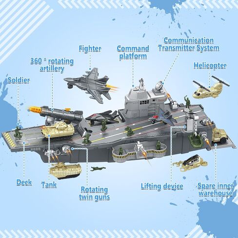 Deao Aircraft Carrier Battle Ship Toys - المركبات العسكرية ، الطائرات الحربية ، السفن الحربية ، مروحية ، شاحنات ، دبابات - ألعاب رجال الجيش للأطفال الفتيات in Kuwait