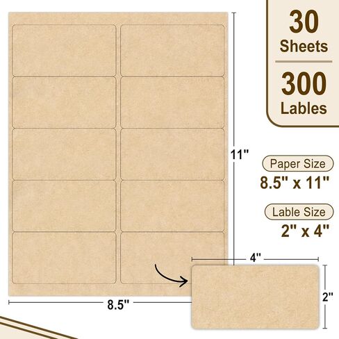 Naturalabel 30 Sheets ملصقات ملصقات Kraft القابلة للطباعة لطابعات الليزر والحبر ، 2 "× 4" - 10 لكل صفحة ، Matte (300 عدد) in Kuwait